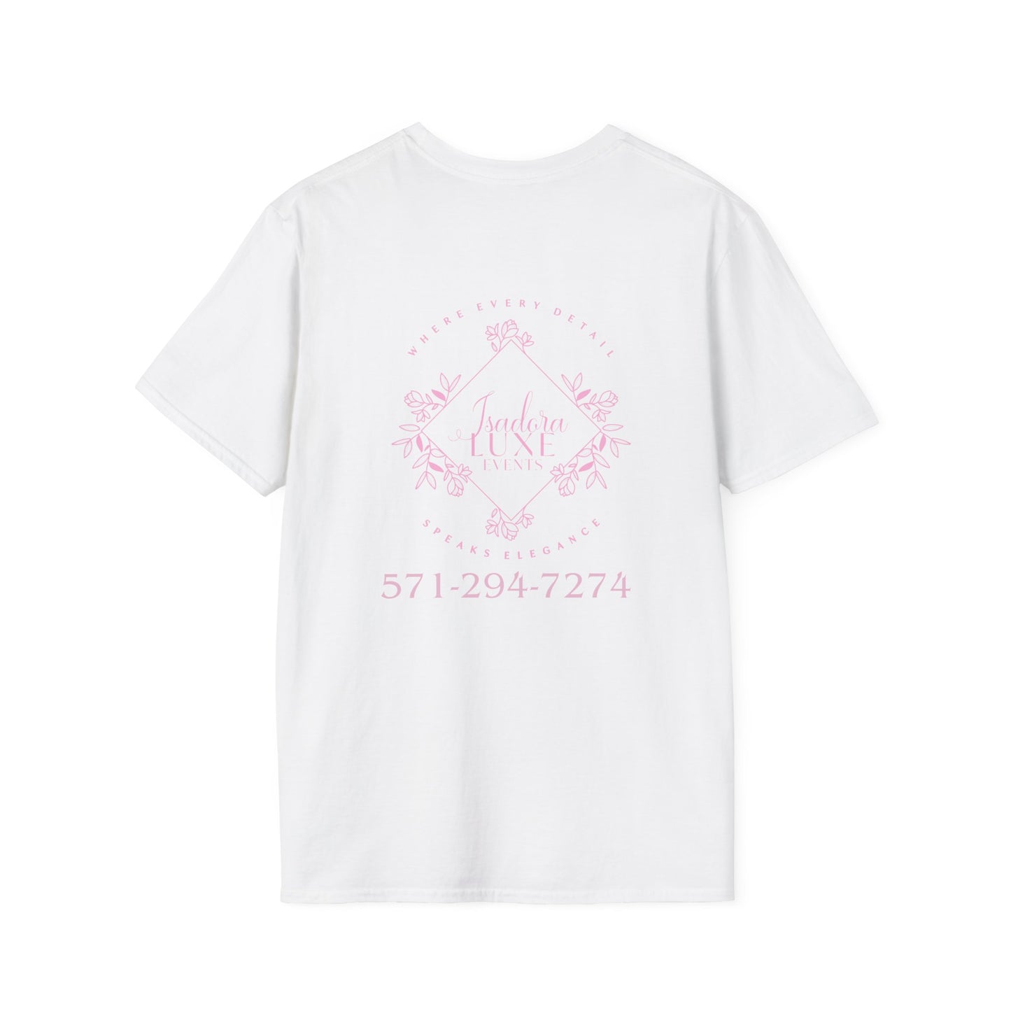 Isadora Luxe Events Unisex T-Shirt - White Shirt - Pink Logo
