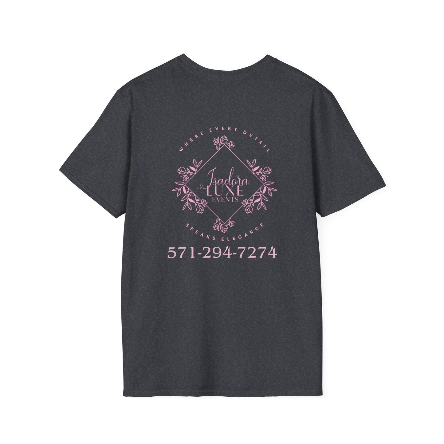 Isadora Luxe Events Unisex T-Shirt - White Shirt - Pink Logo