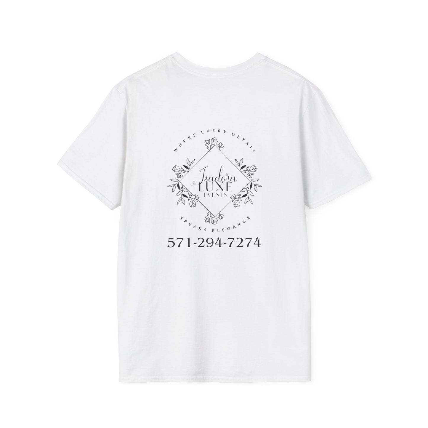 Isadora Luxe Events Unisex T-Shirt - White Shirt, Black Logo