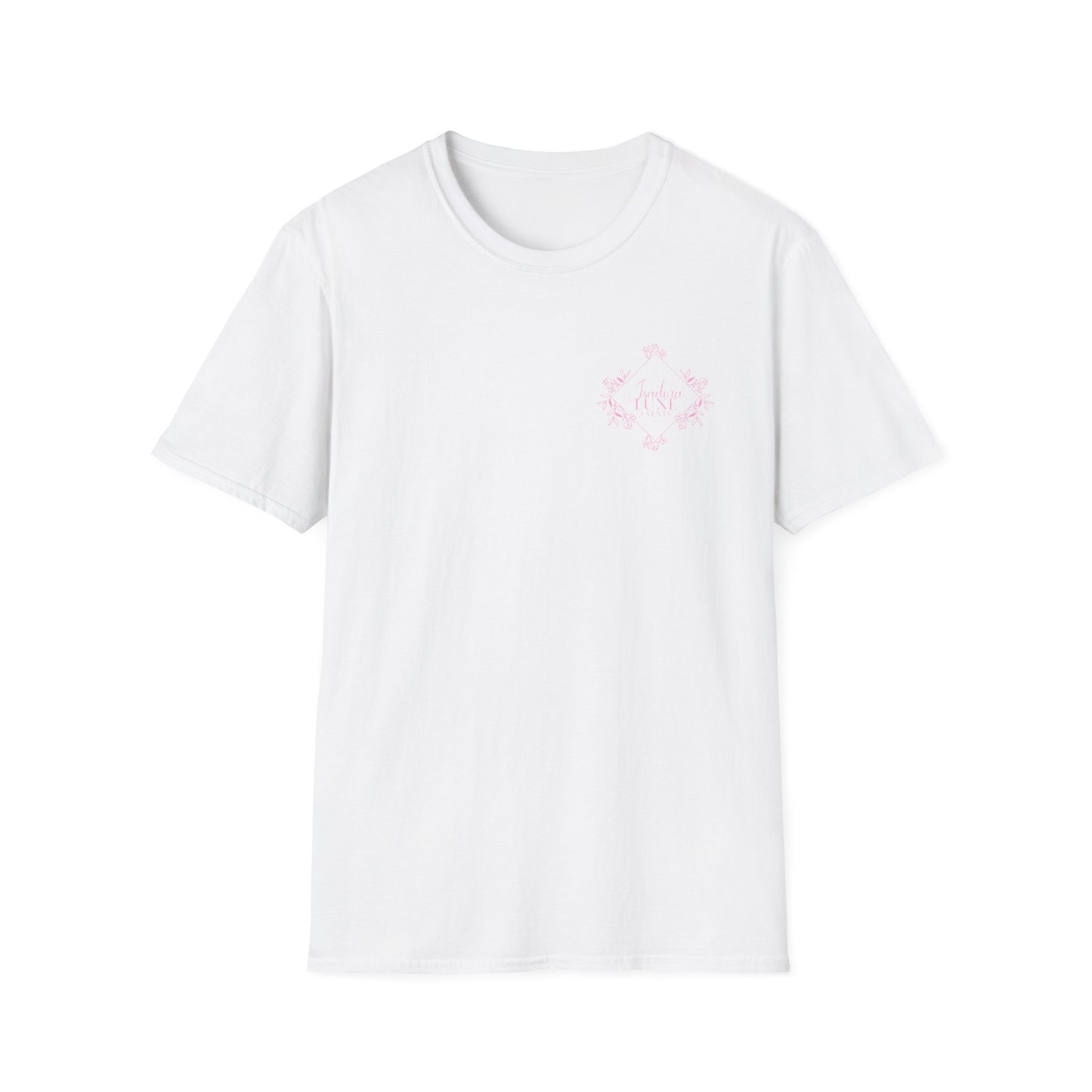 Isadora Luxe Events Unisex T-Shirt - White Shirt - Pink Logo