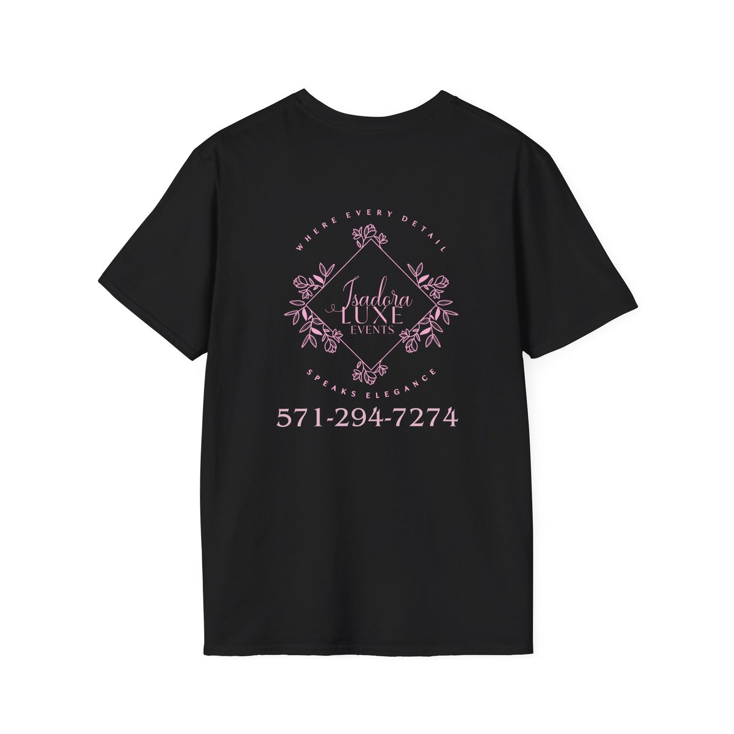 Isadora Luxe Events Unisex T-Shirt - White Shirt - Pink Logo