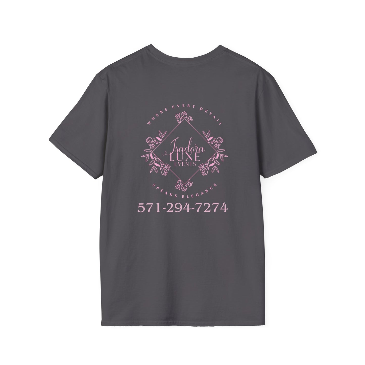 Isadora Luxe Events Unisex T-Shirt - White Shirt - Pink Logo