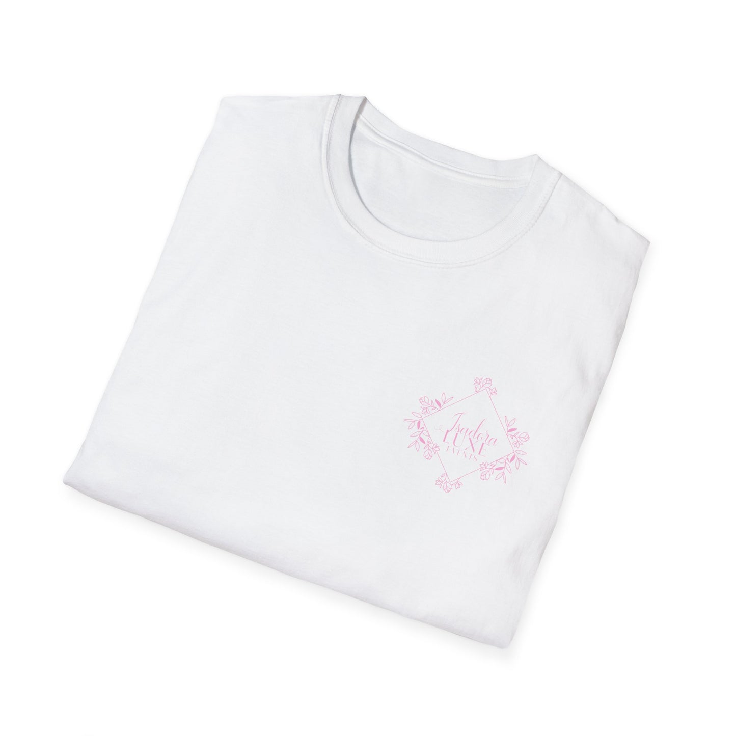 Isadora Luxe Events Unisex T-Shirt - White Shirt - Pink Logo